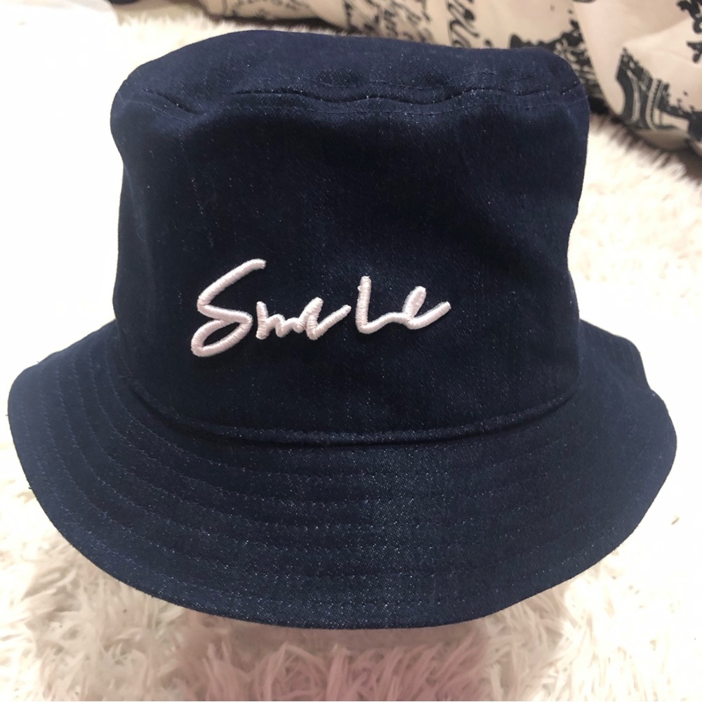 Smile Bucket Hat Denim Embroidered Cider OS Everyday should be happy